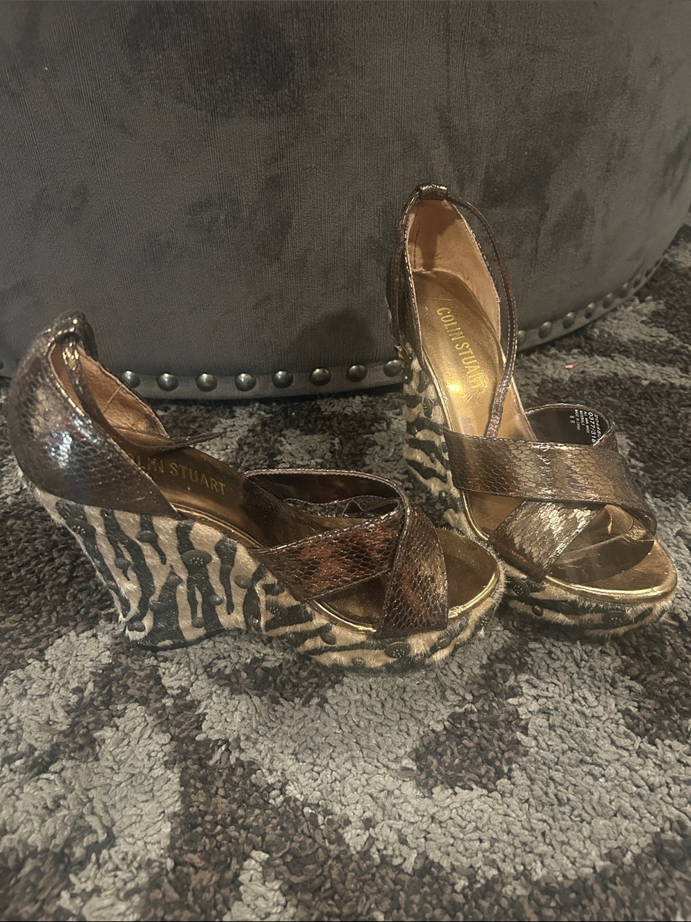Colin Stuart Brown and Gold Zebra-Print Snakeskin Wedge Sandals